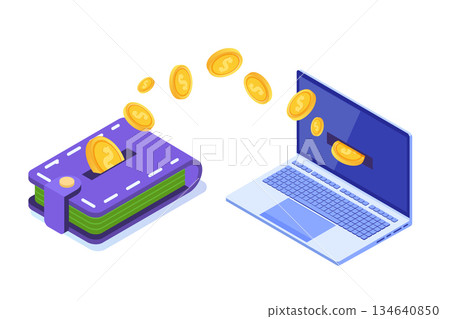 Money transfer from wallet to PC. Isometric vector illustration. Money transfer from wallet to PC. Isometric vector illustration. 134640850