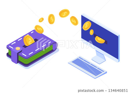 Money transfer from wallet to PC.  Isometric vector illustration. 134640851