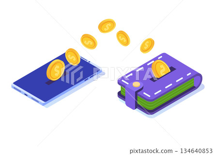 Money transfer from smartphone to wallet. Isometric vector illustration. Money transfer from smartphone to wallet. Isometric vector illustration. 134640853