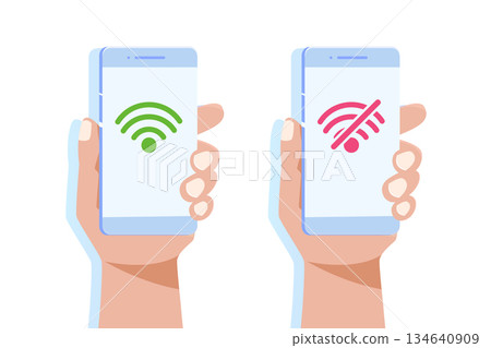 Hand holding smartphone with No wifi sign and good wifi connection. Bad internet. Vector illutration in flat style. 134640909