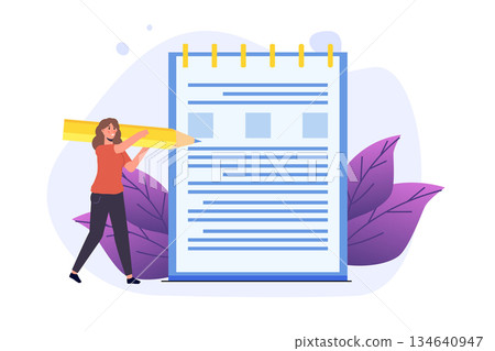 Notes, Diary writing concept. Woman write journal. Vector illustration 134640947