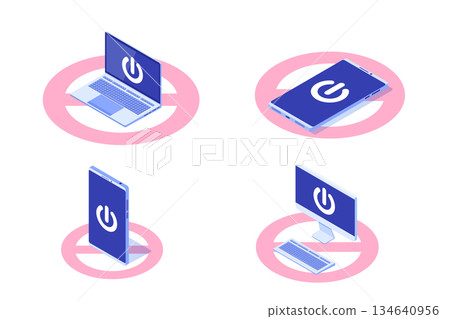 Digital detox, internet addiction isomertric concept. Vector illustration. Digital detox, internet addiction isomertric concept. Vector illustration. 134640956
