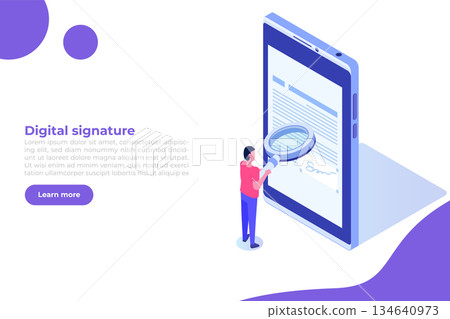 Digital signature isometric, Electronic Smart contract. Vector illustration 134640973