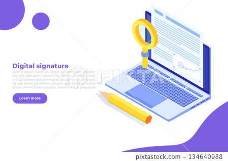 Digital signature isometric, Electronic Smart contract. Vector illustration 134640988