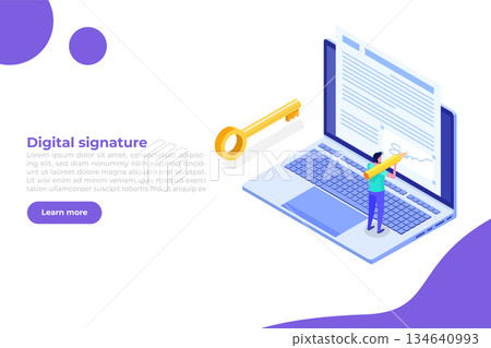 Digital signature isometric, Electronic Smart contract. Vector illustration 134640993