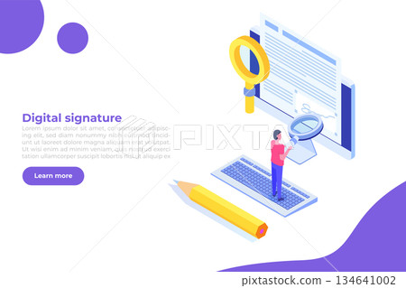 Digital signature isometric, Electronic Smart contract. Vector illustration Digital signature isometric, Electronic Smart contract. Vector illustration 134641002