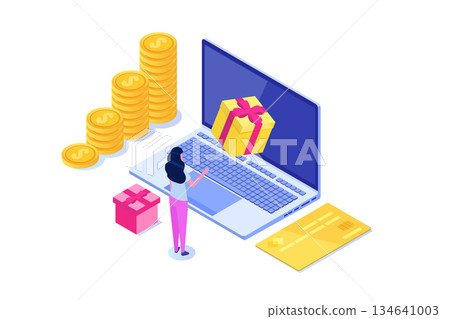 Discount, Loyalty card program and customer service. Vector isometric illustration. Discount, Loyalty card program and customer service. Vector isometric illustration. 134641003