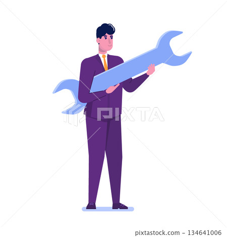 Businessman holding a huge wrench. Technical support concept. Vector illustration. Businessman holding a huge wrench. Technical support concept. Vector illustration. 134641006