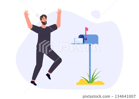 Happy Man is standing nearby mailbox and got letter. Vector illustration 134641007