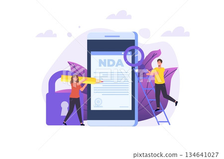 Legal restrictions, non-disclosure agreement contract or NDA concept. Vector illustration with tiny people. Legal restrictions, non-disclosure agreement contract or NDA concept. Vector illustration with tiny people. 134641027
