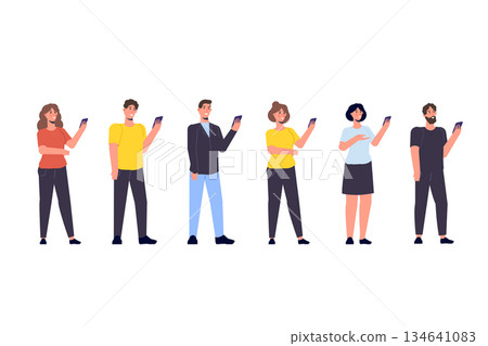 Diverse focus group of peoples concept. People with smartphone in hands. Vector illustration Diverse focus group of peoples concept. People with smartphone in hands. Vector illustration 134641083