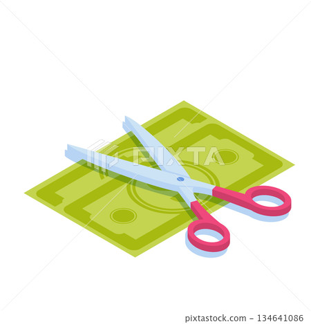 Scissors cutting money. Divide money, share profits or Sale concept Discounts symbol. Cost reduction or cut price. . Vector isometric illustration. Scissors cutting money. Divide money, share profits or Sale concept Discounts symbol. Cost reduction or cut price. . Vector isometric illustration. 134641086