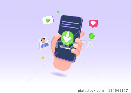 Download data on phone, data transfer concept. 3D icon vector render illustration. Download data on phone, data transfer concept. 3D icon vector render illustration. 134641127