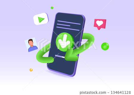Download data on phone, data transfer concept. 3D icon vector render illustration. Download data on phone, data transfer concept. 3D icon vector render illustration. 134641128