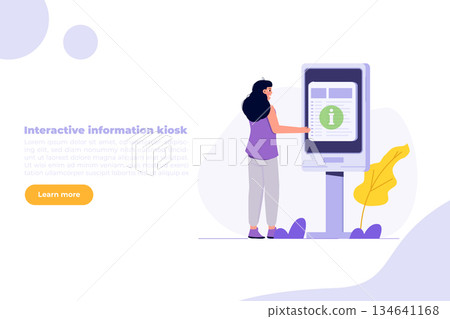 Woman using self service terminal, Interactive information kiosk concept. Flat Vector illustration for banner, website, landing page, flyer. 134641168