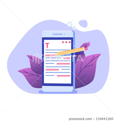 Editable online document. Creative writing and storytelling, copywriting . Online education, distant learning concept. Vector illustration. 134641260