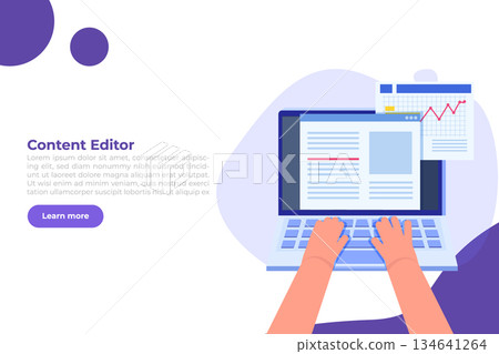 Editable online document. Blogger, copywriter or journalist concept. Editor work. Creative writing and storytelling, copywriting . Online education, distant learning. Vector illustration. 134641264