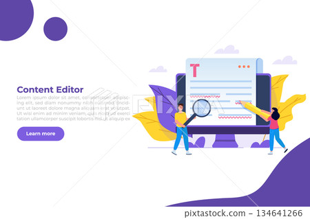 Editable online document. Blogger, copywriter or journalist concept. Editor work. Creative writing and storytelling, copywriting . Online education, distant learning. Vector illustration. 134641266