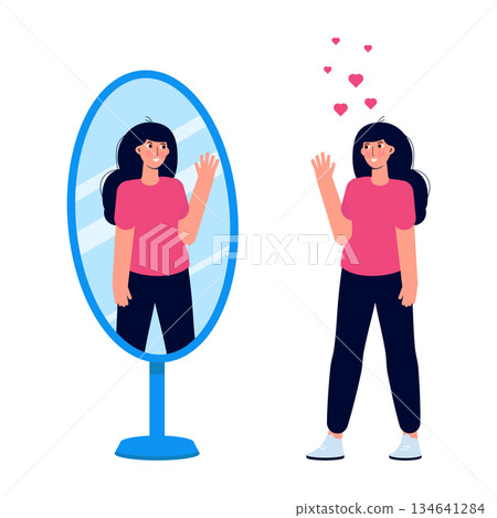A woman standing in front of a mirror, gazing at his own reflection, embodies the idea of self-love. The concept of egotism is mirrored in this vector illustration 134641284