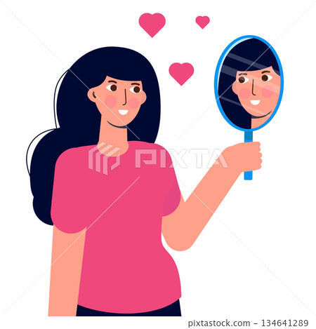 A woman standing in front of a mirror, gazing at his own reflection, embodies the idea of self-love. The concept of egotism is mirrored in this vector illustration 134641289