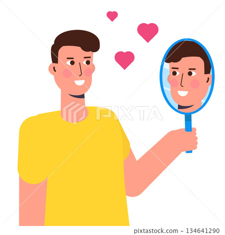 A man standing in front of a mirror, gazing at his own reflection, embodies the idea of self-love.The concept of egotism is mirrored in this vector illustration A man standing in front of a mirror, gazing at his own reflection, embodies the idea of self-love.The concept of egotism is mirrored in this vector illustration 134641290