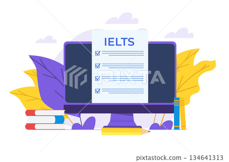 English Proficiency Test and Exam. IELTS International English Language Testing System. Vector illustration. English Proficiency Test and Exam. IELTS International English Language Testing System. Vector illustration. 134641313