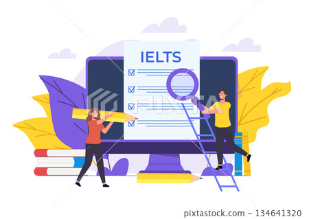 English Proficiency Test and Exam. IELTS International English Language Testing System. Vector illustration. English Proficiency Test and Exam. IELTS International English Language Testing System. Vector illustration. 134641320