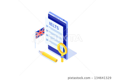 English Proficiency Test and Exam. IELTS International English Language Testing System. Isometric Vector illustration. 134641329