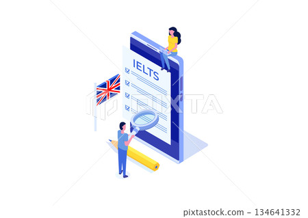 English Proficiency Test and Exam. IELTS International English Language Testing System. Isometric Vector illustration. 134641332
