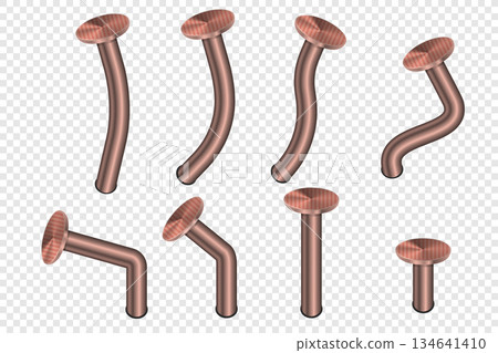 Realistic old bent iron nails hammered into wall. Vector 3d illustration isolated on transparent background. 134641410