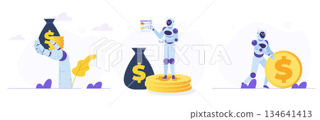 Robot making money for human business. Working with AI concepts. Vector illustrations set, collection. Can use for, landing page, template, web, homepage, poster, banner. Robot making money for human business. Working with AI concepts. Vector illustrations set, collection. Can use for, landing page, template, web, homepage, poster, banner. 134641413