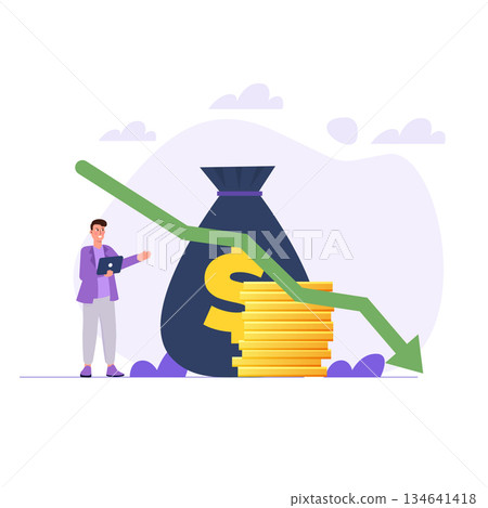 Cost reduction, big discount concept. Vector illustrations for banner, website, landing page, flyer. Cost reduction, big discount concept. Vector illustrations for banner, website, landing page, flyer. 134641418