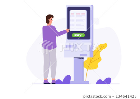 Man using self service terminal, Interactive information kiosk concept. Flat Vector illustration for banner, website, landing page, flyer. Man using self service terminal, Interactive information kiosk concept. Flat Vector illustration for banner, website, landing page, flyer. 134641423