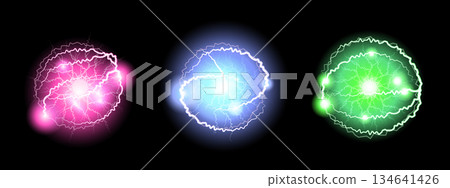 Realistic Ball lightning set, plasma sphere, electric discharge. Vector abstract illustration. Realistic Ball lightning set, plasma sphere, electric discharge. Vector abstract illustration. 134641426