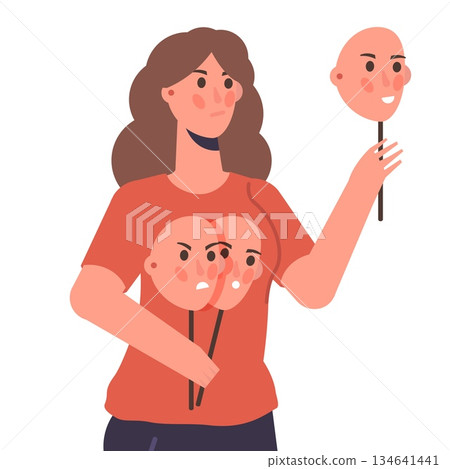 Fake emotion, play a role concept. Character holds masks with different emotions. Vector illustration, flat style 134641441