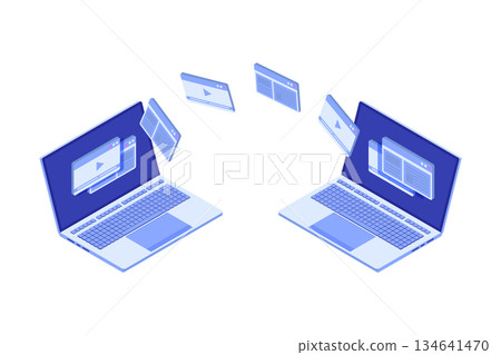 File transfer on notebook isometric concept.  Could representing syncing. Vector illustration 134641470