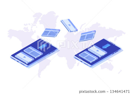 File transfer on smartphone isometric concept.  Syncing, Cloud technology. Vector illustration 134641471