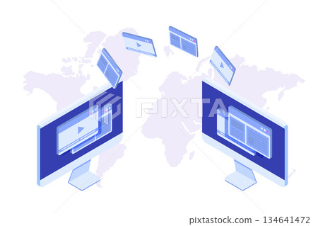 File transfer on desktop isometric concept. Syncing, Cloud technology. Vector illustration File transfer on desktop isometric concept. Syncing, Cloud technology. Vector illustration 134641472