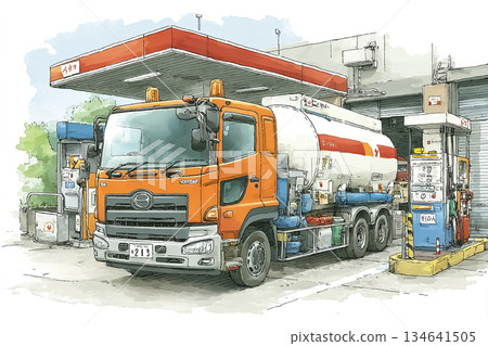 Tanker truck refueling at a gas station 134641505
