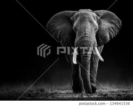 A powerful, high-contrast, black-and-white portrait of a large African bull elephant walking directly towards the camera, showcasing its massive tusks and textured skin. A powerful, high-contrast, black-and-white portrait of a large African bull elephant walking directly towards the camera, showcasing its massive tusks and textured skin. 134641536