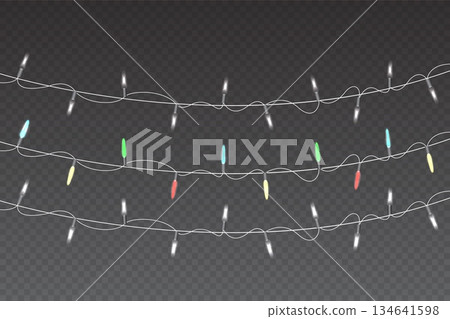 Christmas lights, Glowing garland realistic isolated realistic for Xmas Holiday cards, banners, posters. Vector illustration Christmas lights, Glowing garland realistic isolated realistic for Xmas Holiday cards, banners, posters. Vector illustration 134641598