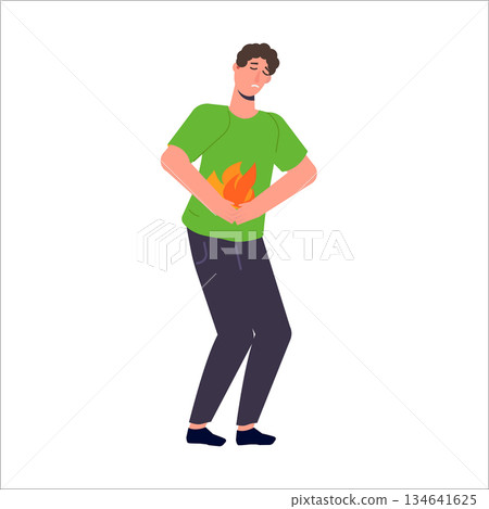Man holding abdomen. Heartburn and stomach problems concept. Vector illustration. Man holding abdomen. Heartburn and stomach problems concept. Vector illustration. 134641625