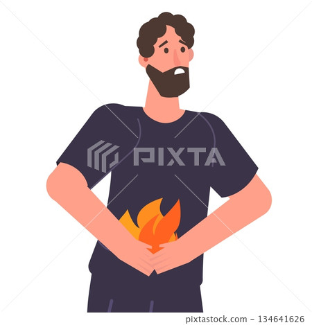 Man holding abdomen. Heartburn and stomach problems concept.  Vector illustration. 134641626