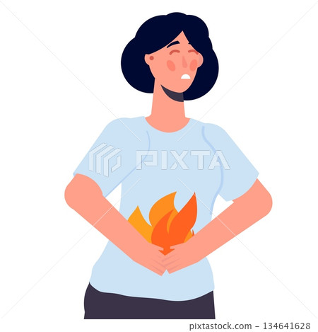 Woman holding abdomen. Heartburn and stomach problems concept. Vector illustration. Woman holding abdomen. Heartburn and stomach problems concept. Vector illustration. 134641628