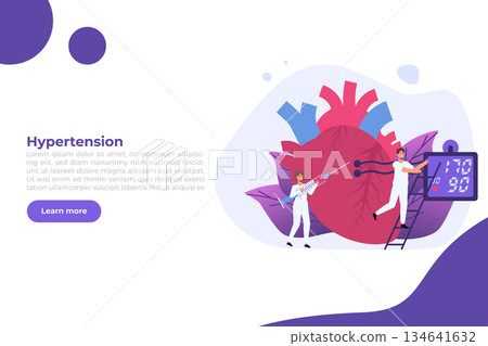 High Blood Pressure, hypertension disease. Tiny doctors treat, inspection check human Heart. Vector illustration. High Blood Pressure, hypertension disease. Tiny doctors treat, inspection check human Heart. Vector illustration. 134641632