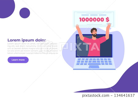 Character holding money prize, bank check for a million dollars. Winning lottery ticket. Vector illustration in flat design. 134641637