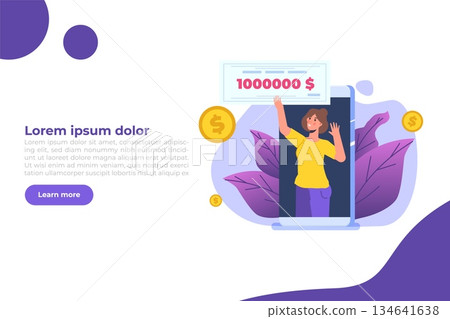 Character holding money prize, bank check for a million dollars. Winning lottery ticket. Vector illustration in flat design. 134641638