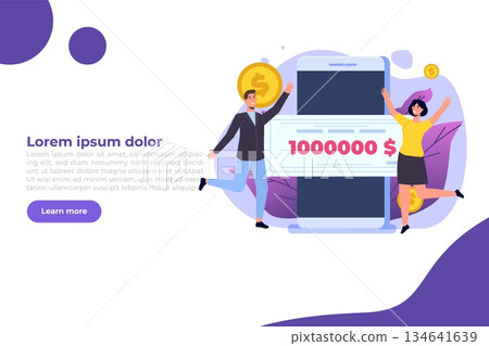 Character holding money prize, bank check for a million dollars. Winning lottery ticket. Vector illustration in flat design. 134641639