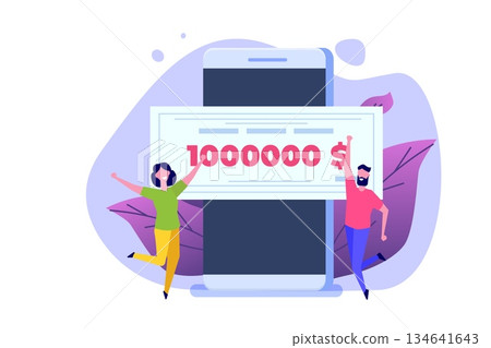 Character holding money prize, bank check for a million dollars. Winning lottery ticket. Vector illustration in flat design. 134641643