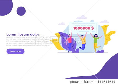 Character holding money prize, bank check for a million dollars. Winning lottery ticket. Vector illustration in flat design. Character holding money prize, bank check for a million dollars. Winning lottery ticket. Vector illustration in flat design. 134641645